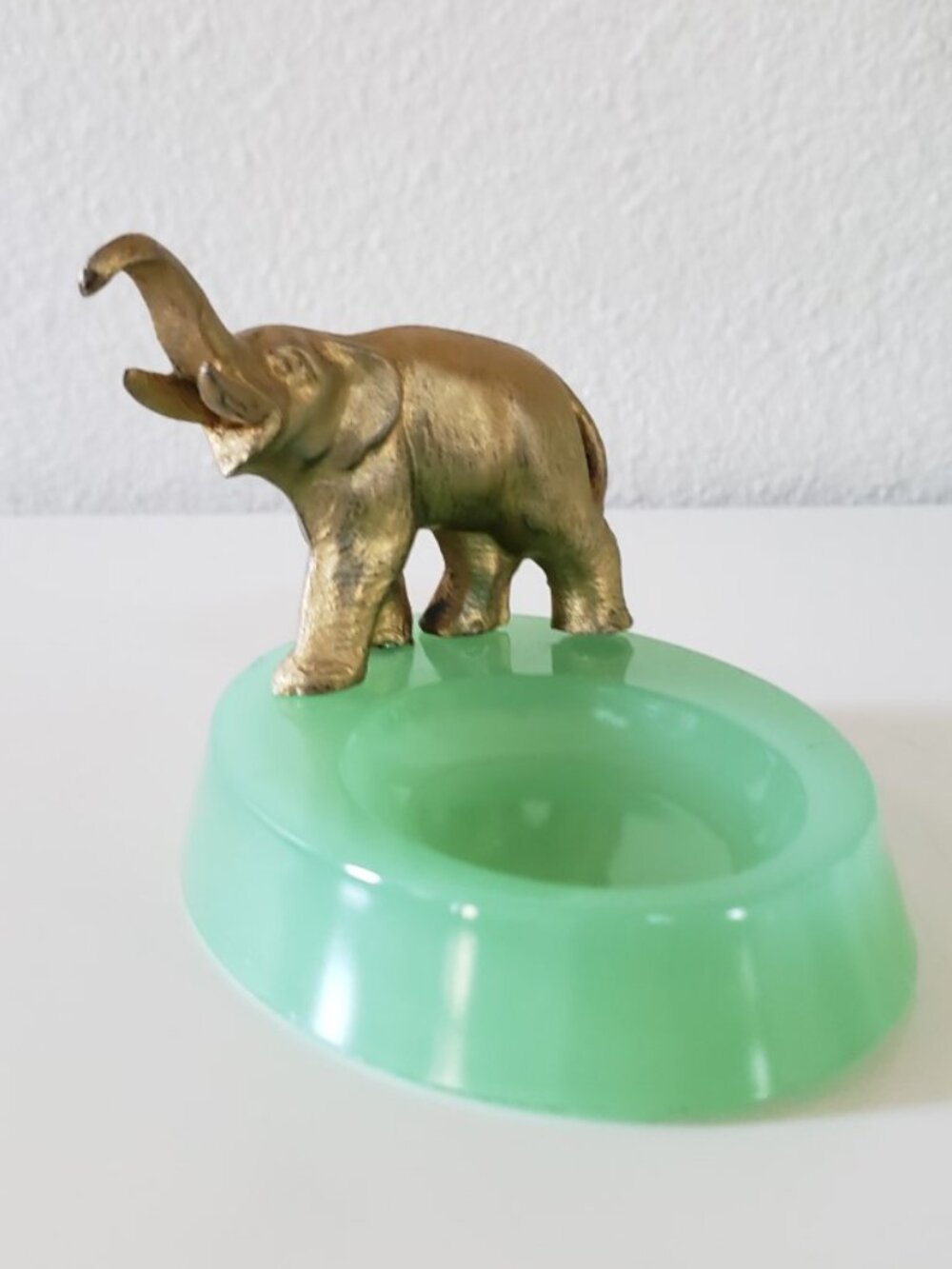 Jadeite Jadite Green Glass Pipe Rest w/ Brass Painted Metal Elephant Art Deco